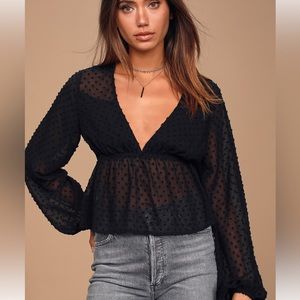 Lulus Black Dot Long Sleeve Peplum Top